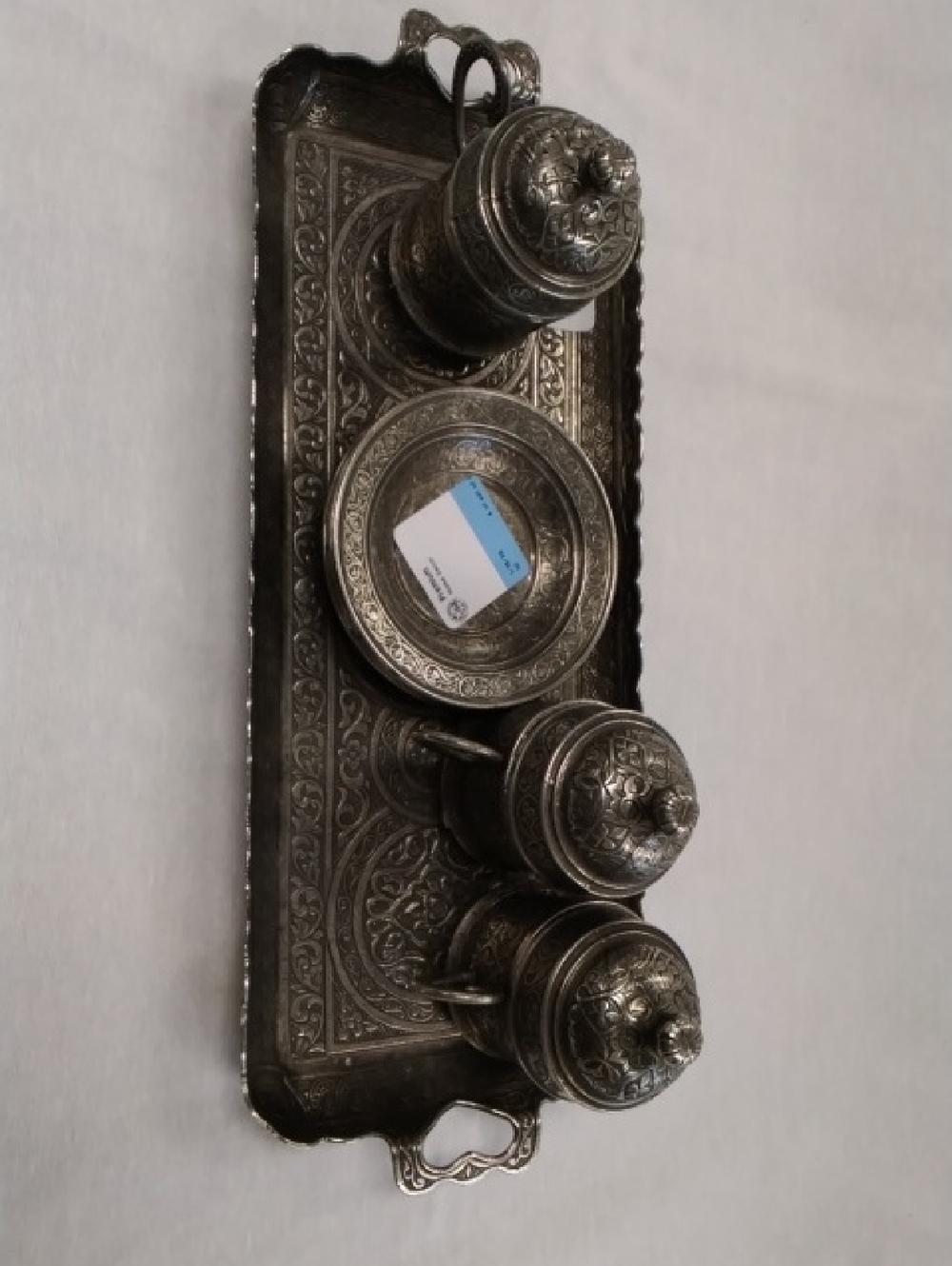Ornate Vintage-Style Silver Tone Condiment Set with Tray